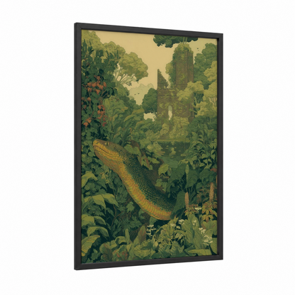 Ruins Cobra framed art print — black wood frame — gold and green palette
