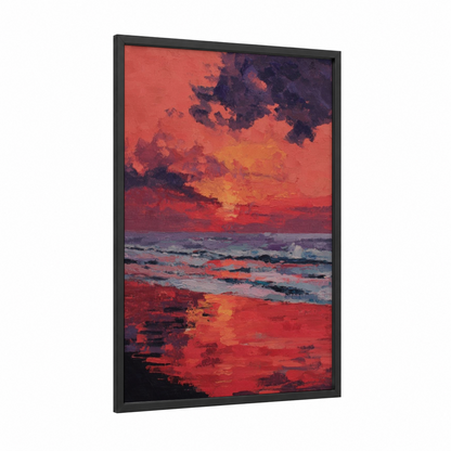 Crimson Sunset Beach framed beach sunrise and sunsets print — black wood frame — red and orange palette