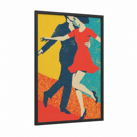 Disco Dance Couple framed art print — black wood frame — yellow gold and red palette