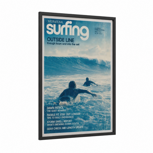 Vintage Surfing Magazine Ocean Wave Wall Art framed art print — black wood frame — blue and turquoise palette