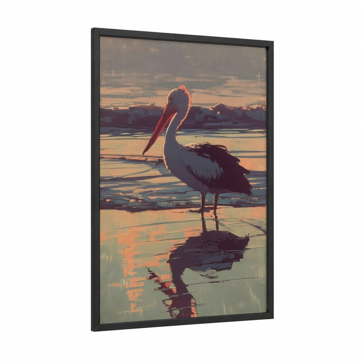 Sunset Pelican framed art print — black wood frame — gold and russet palette