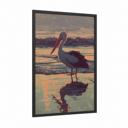 Sunset Pelican framed art print — black wood frame — gold and russet palette