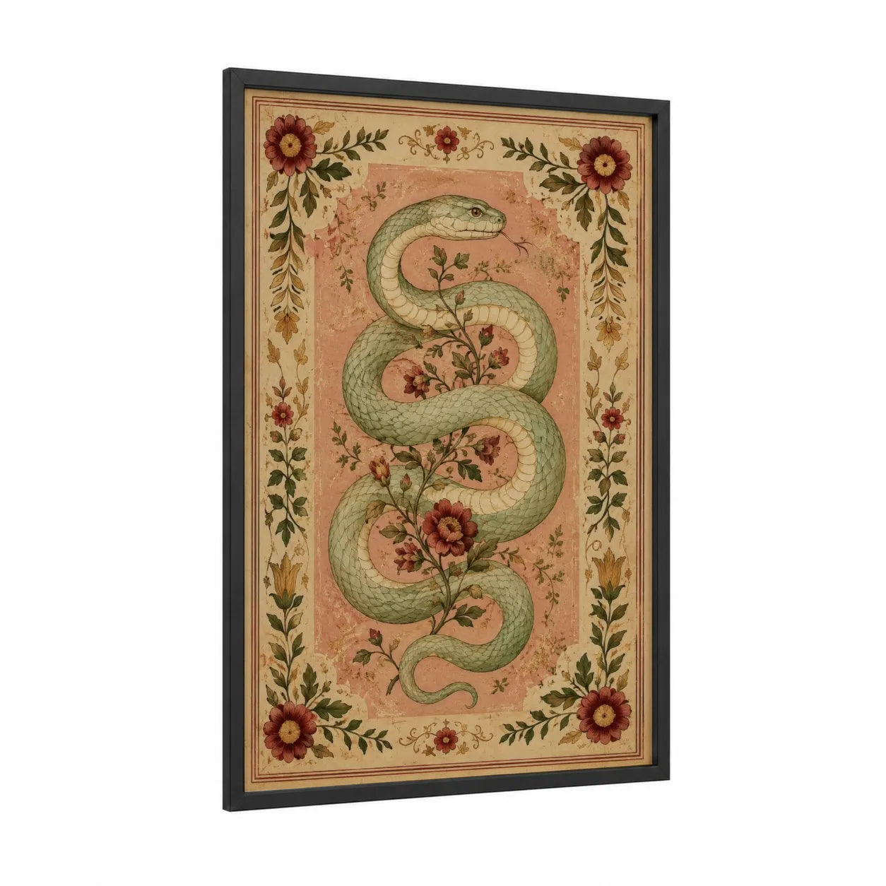 Serpent Garden Botanical Wall Art framed snake print — black wood frame — peach and sage green palette