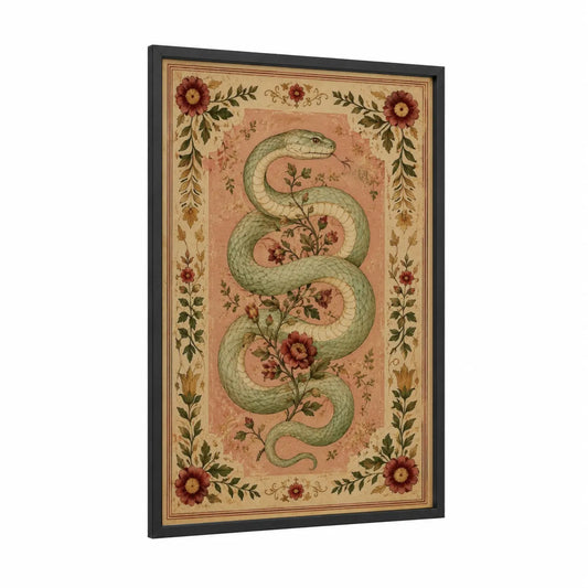 Serpent Garden Botanical Wall Art framed snake print — black wood frame — peach and sage green palette