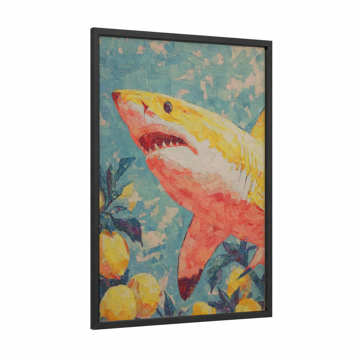Citrus Lemon Shark framed art print — black wood frame — blue and gold and salmon pink palette