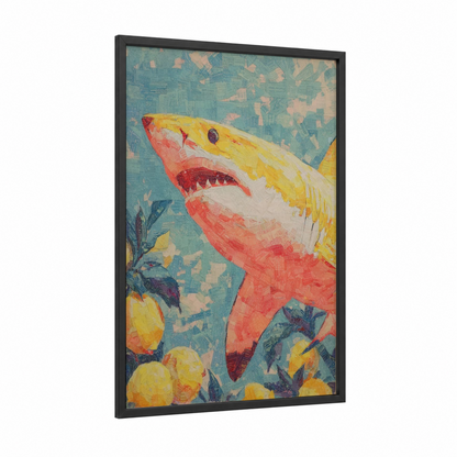 Citrus Lemon Shark framed art print — black wood frame — blue and gold and salmon pink palette