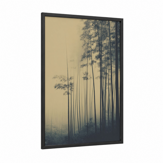 Misty Forest framed art print — black wood frame — cream and gray palette