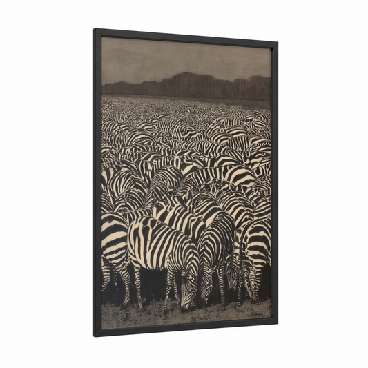 Grazing Zebra Herd framed art print — black wood frame — black and white and nobel palette