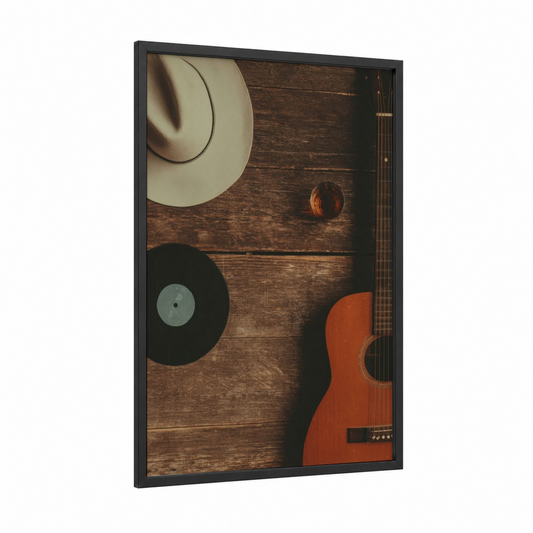 Country Nostalgia framed art print — black wood frame — brown and cream palette