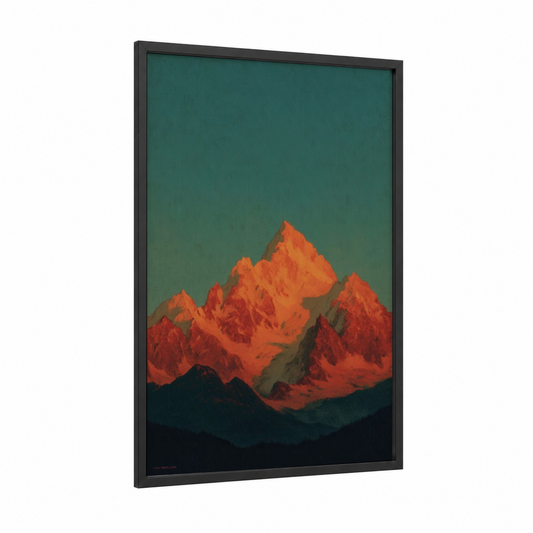 Crimson Mountain Sunset framed art print — black wood frame — red and teal palette
