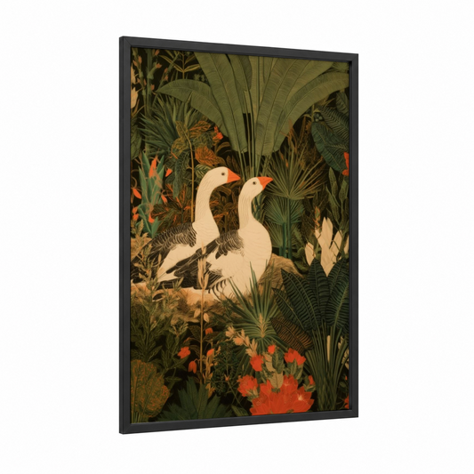 Tropical Geese Pair framed art print — black wood frame — olive and orange palette