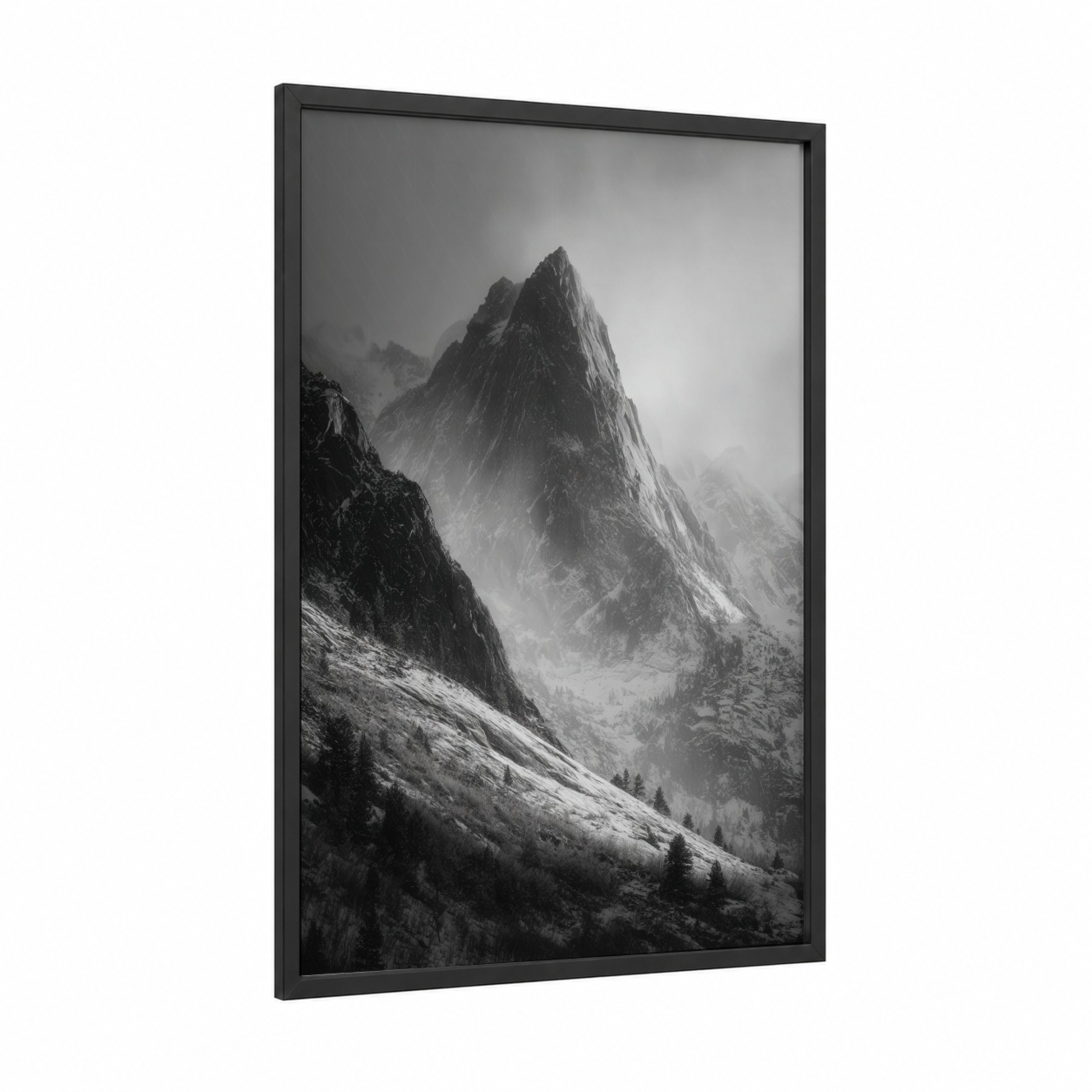 Misty Alpine Peak framed snowy mountains print — black wood frame — black and white and gray palette