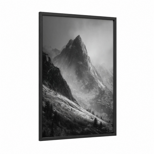 Misty Alpine Peak framed snowy mountains print — black wood frame — black and white and gray palette