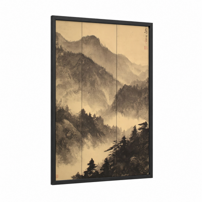 Misty Canyon Peaks framed art print — black wood frame — beige and black palette