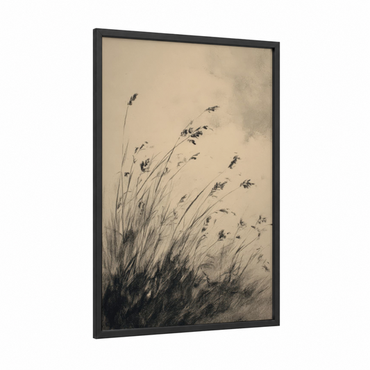 Windswept Grasses framed leaf print — black wood frame — gray and black and white palette