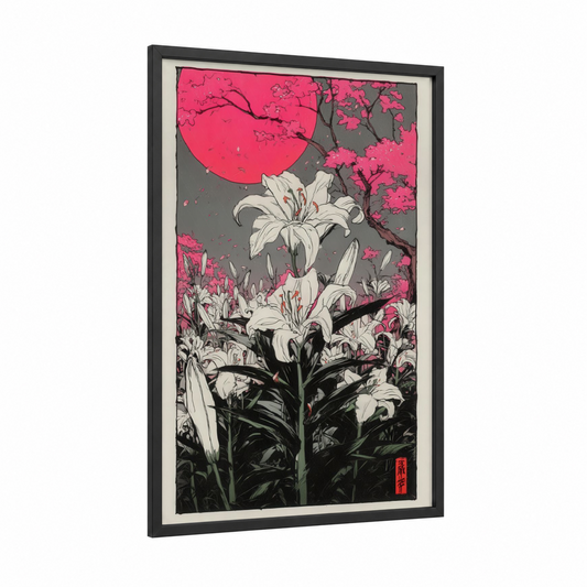 Crimson Moon Amaryllis framed amarillys print — black wood frame — magenta and black and white palette