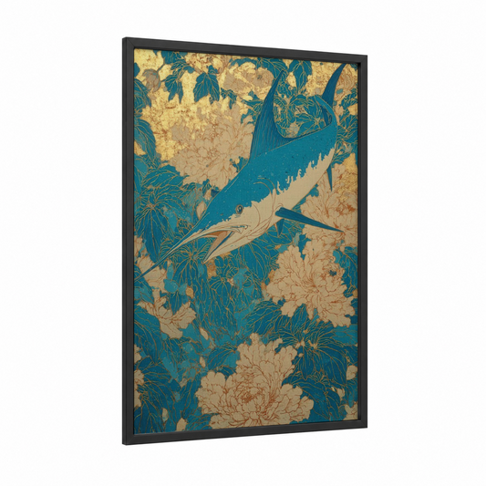 Golden Marlin framed art print — black wood frame — gold and teal palette