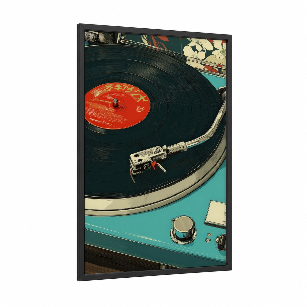 Turquoise Turntable framed vinyl records print — black wood frame — teal and black palette