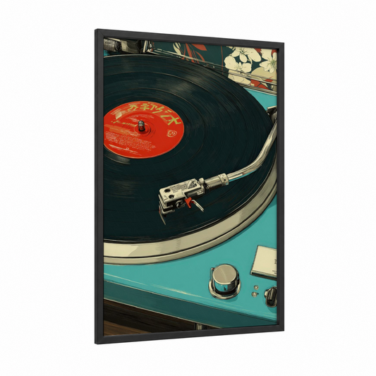 Turquoise Turntable framed vinyl records print — black wood frame — teal and black palette