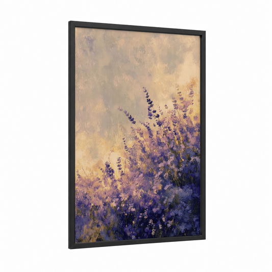Dreamy Lavender Field framed art print — black wood frame — lavender and gold palette