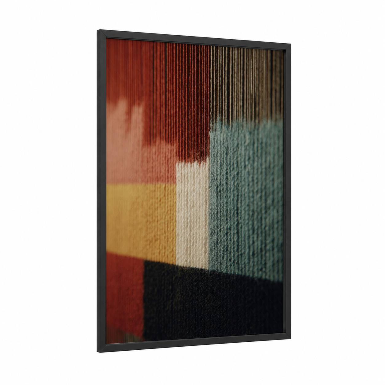 Textured Yarn Palette framed knitting and sewing print — black wood frame — red and teal palette
