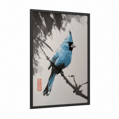 Azure Cardinal framed art print — black wood frame — blue and black and white palette