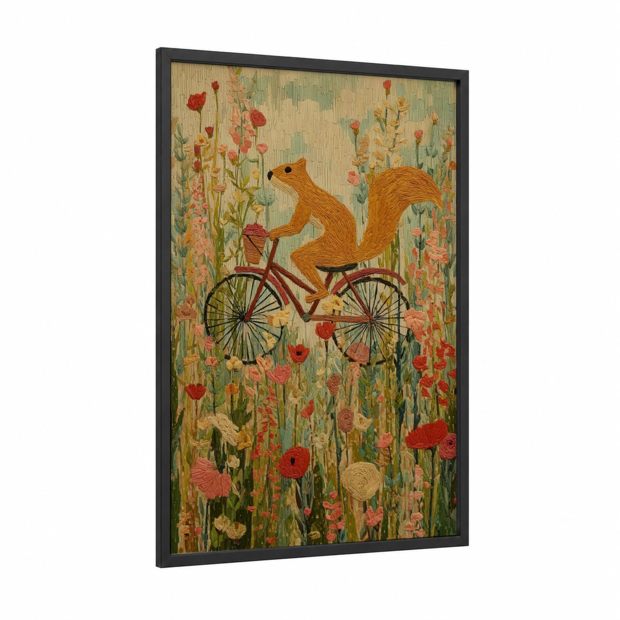 Cycling Squirrel framed art print — black wood frame — gold and red palette