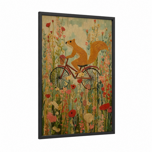 Cycling Squirrel framed art print — black wood frame — gold and red palette