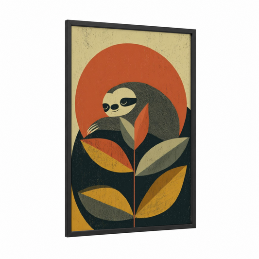 Sloth Botanical framed art print — black wood frame — mustard palette