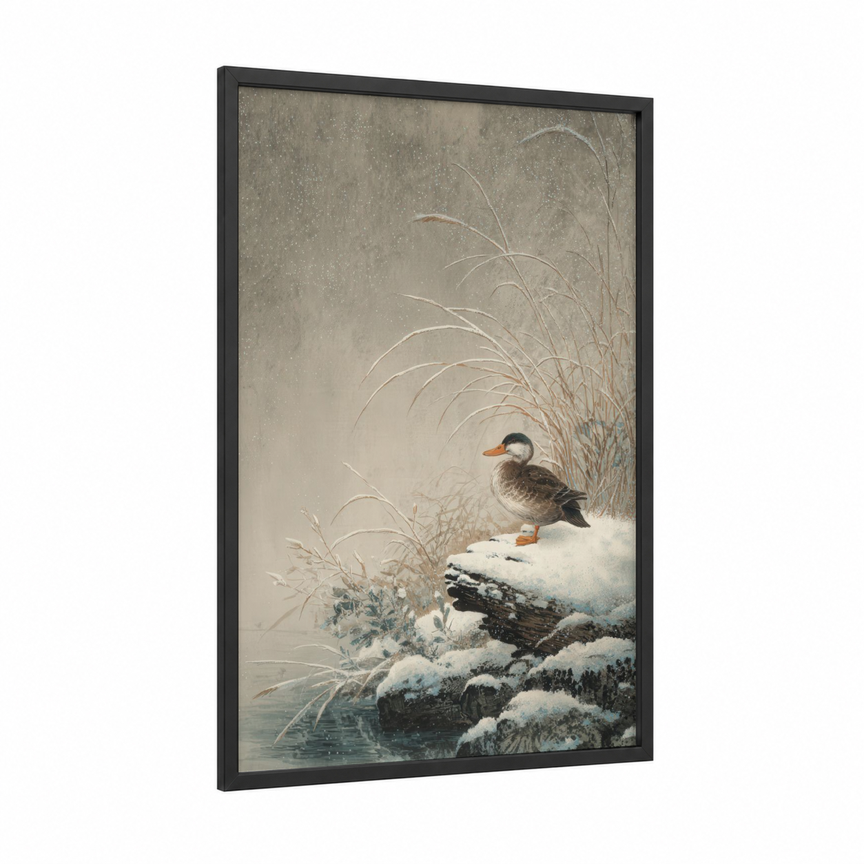 Snowy Duck Refuge framed ducks print — black wood frame — white and gray palette