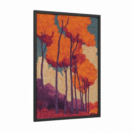 Autumn Forest Glow framed art print — black wood frame — orange palette