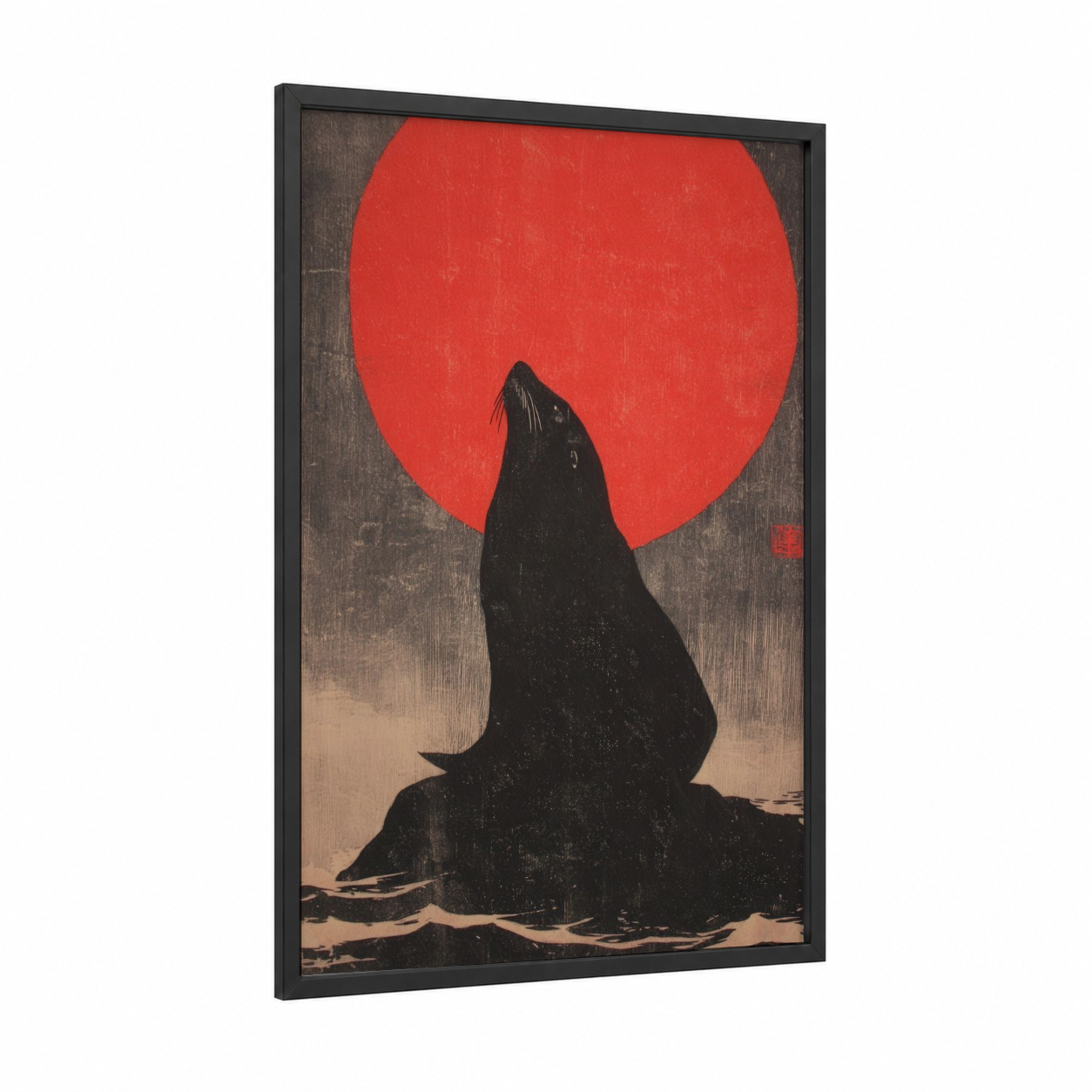 Crimson Moon Sea Lion framed art print — black wood frame — red and black palette