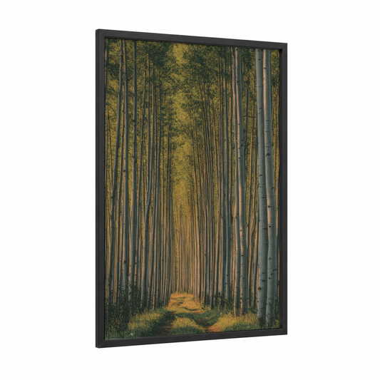 Golden Aspen Path framed aspen forest print — black wood frame — gold and gray palette