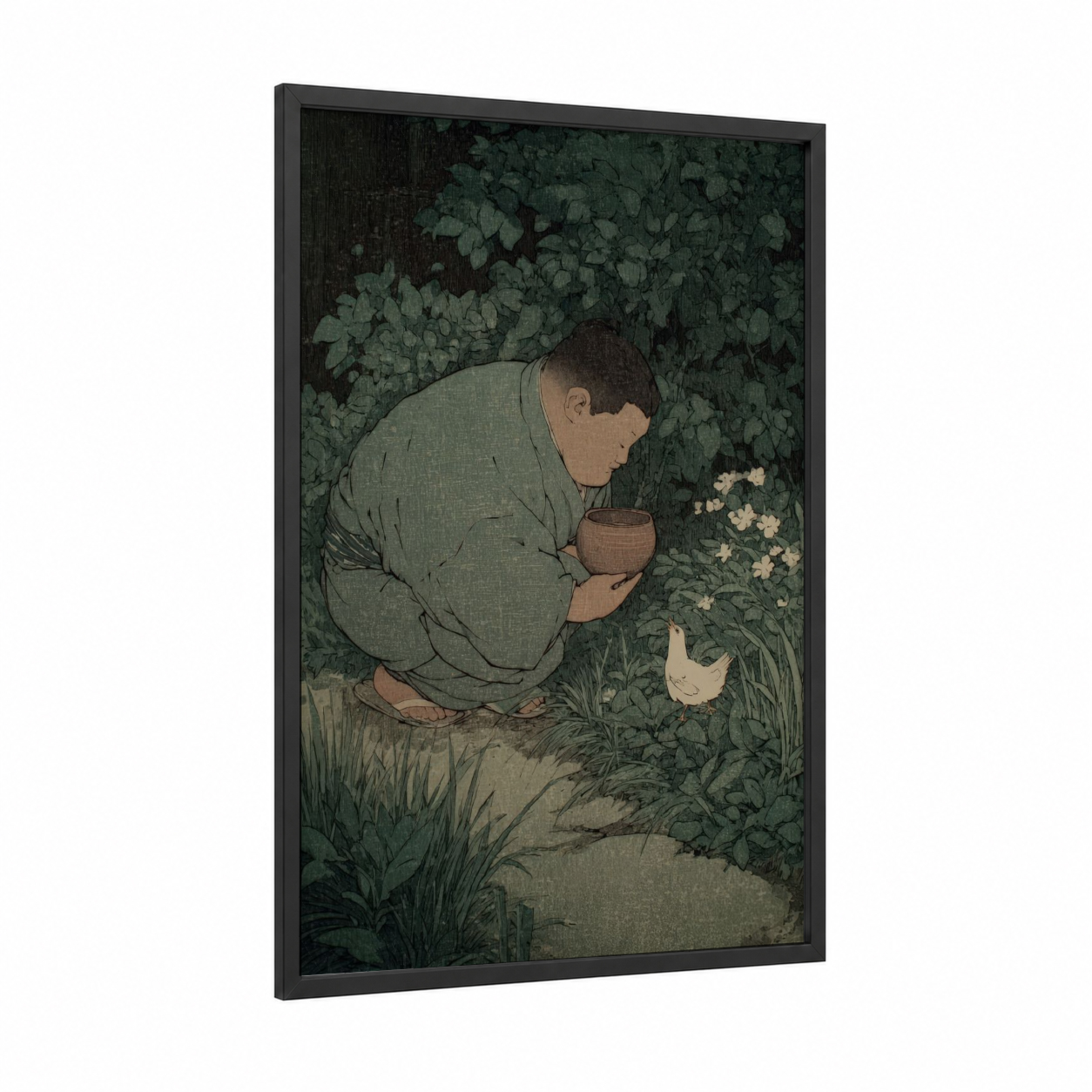 Contemplative Sumo Wrestler framed art print — black wood frame — dark green and gray palette