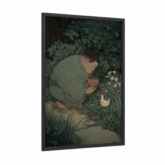Contemplative Sumo Wrestler framed art print — black wood frame — dark green and gray palette