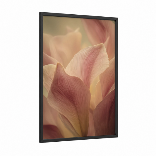 Soft Lily Petals framed art print — black wood frame — peach and cream palette