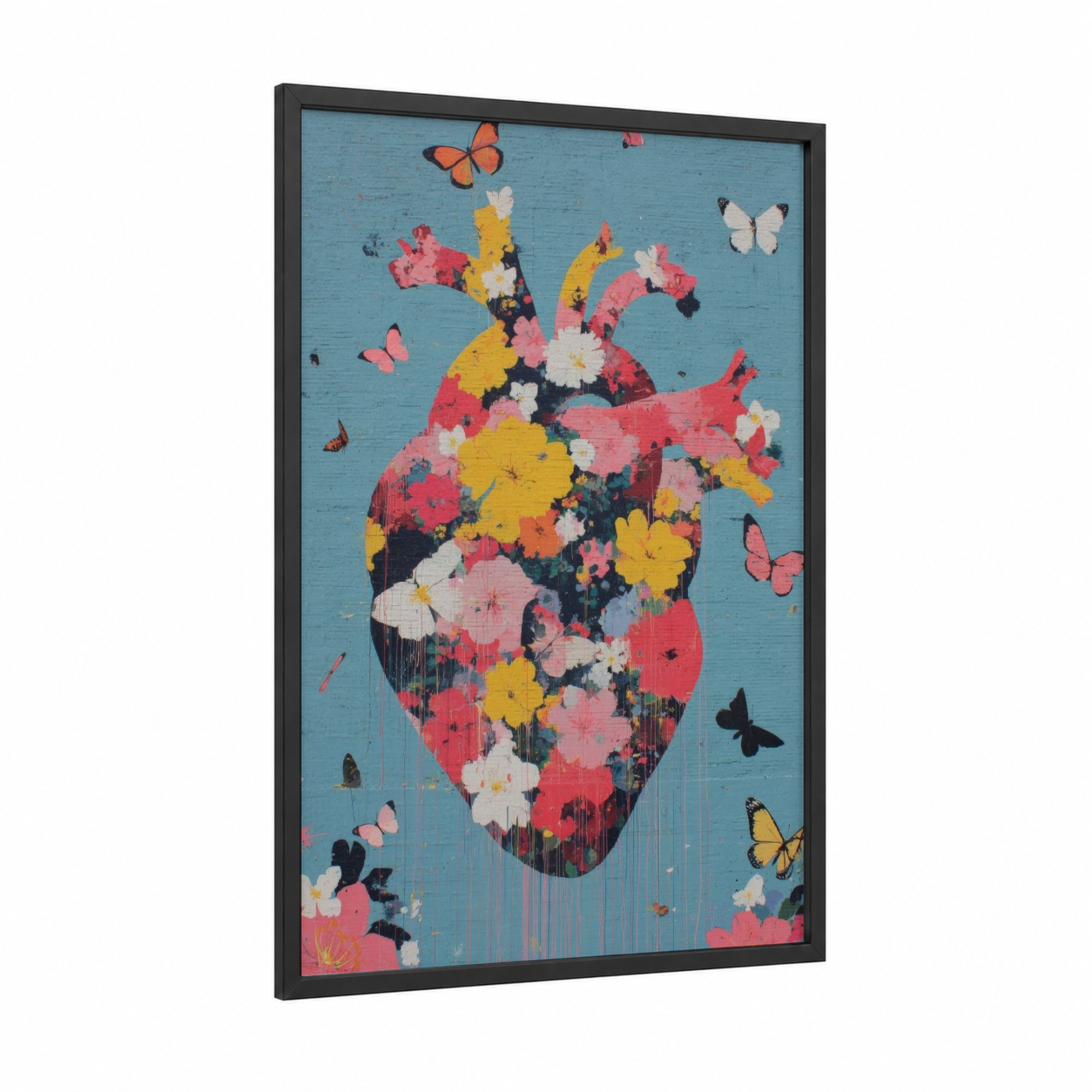 Floral Heart Love framed valentine's day print — black wood frame — pink and blue and yellow palette