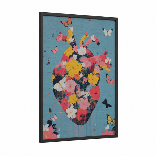 Floral Heart Love framed valentine's day print — black wood frame — pink and blue and yellow palette