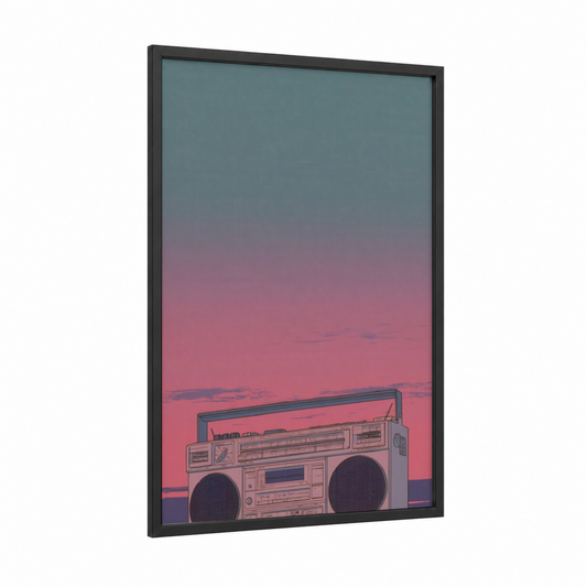 Sunset Boombox framed art print — black wood frame — pink and teal palette