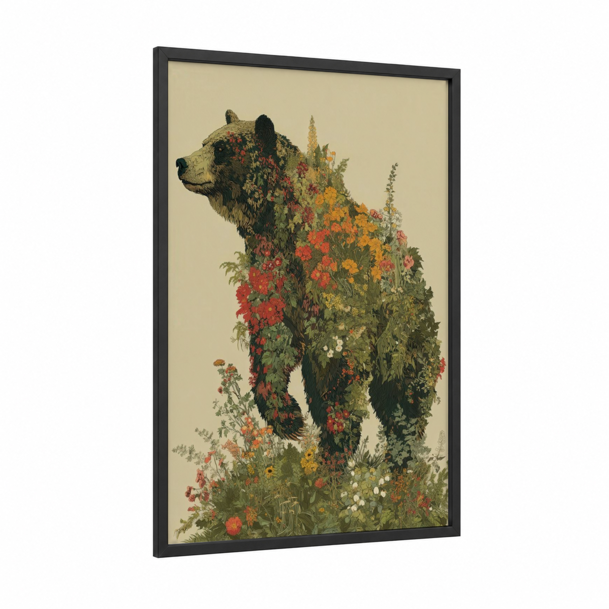 Floral Grizzly Bear framed art print — black wood frame — cream and orange palette