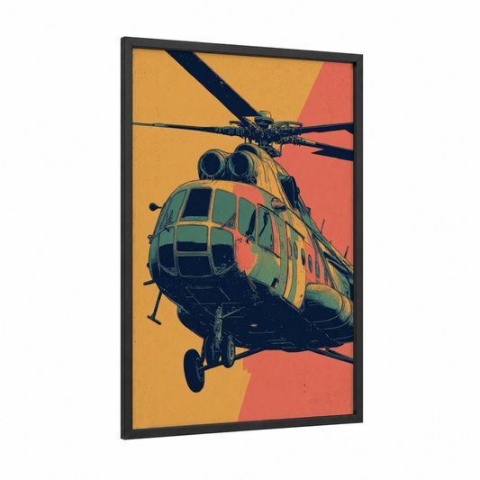 Golden Helicopter framed art print — black wood frame — gold and red palette