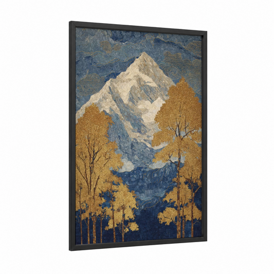 Snowy Peak Majesty framed mount everest print — black wood frame — blue and gold palette
