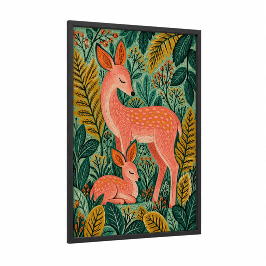 Coral Deer in Botanical Forest Wall Art framed art print — black wood frame — peach and true green palette