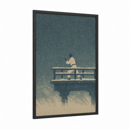 Snowy Meditation framed karate print — black wood frame — teal and cream palette