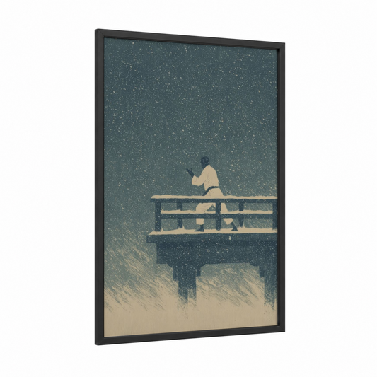 Snowy Meditation framed karate print — black wood frame — teal and cream palette