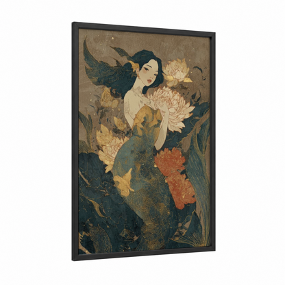 Golden Mermaid framed art print — black wood frame — gold and dark blue palette