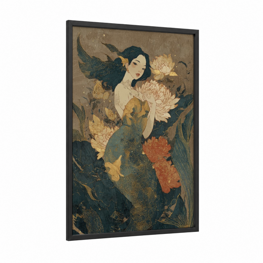 Golden Mermaid framed art print — black wood frame — gold and dark blue palette