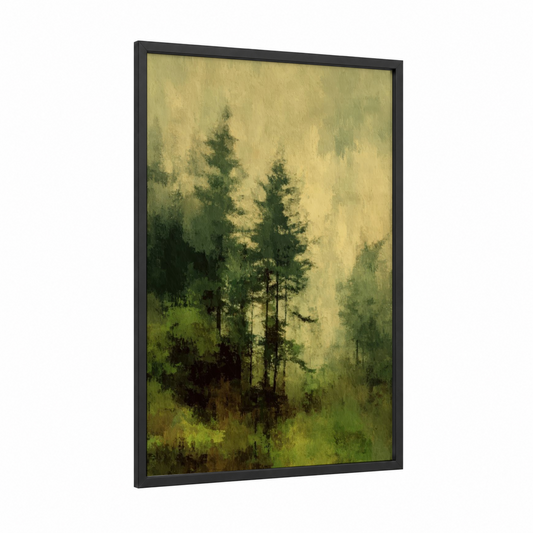 Misty Cedar Forest framed art print — black wood frame — light green and cream palette