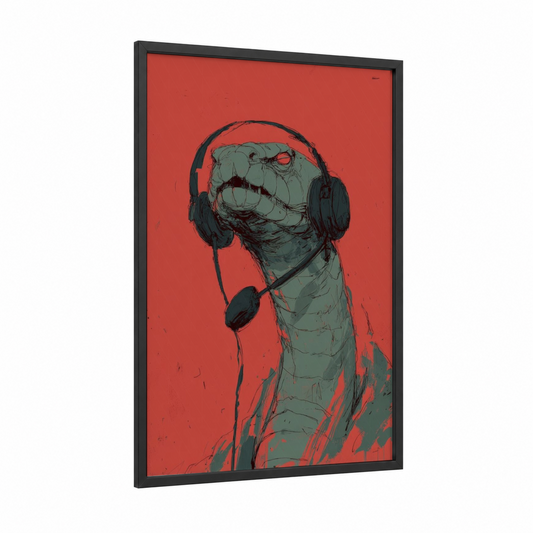 Gaming Cobra framed art print — black wood frame — red and sage green palette