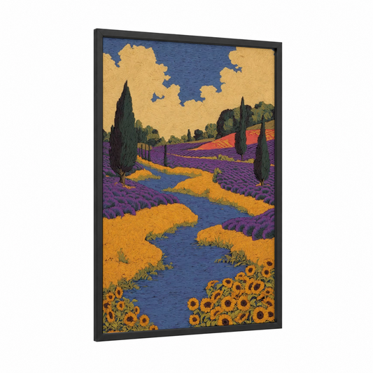Lavender Stream framed rivers print — black wood frame — gold and purple palette